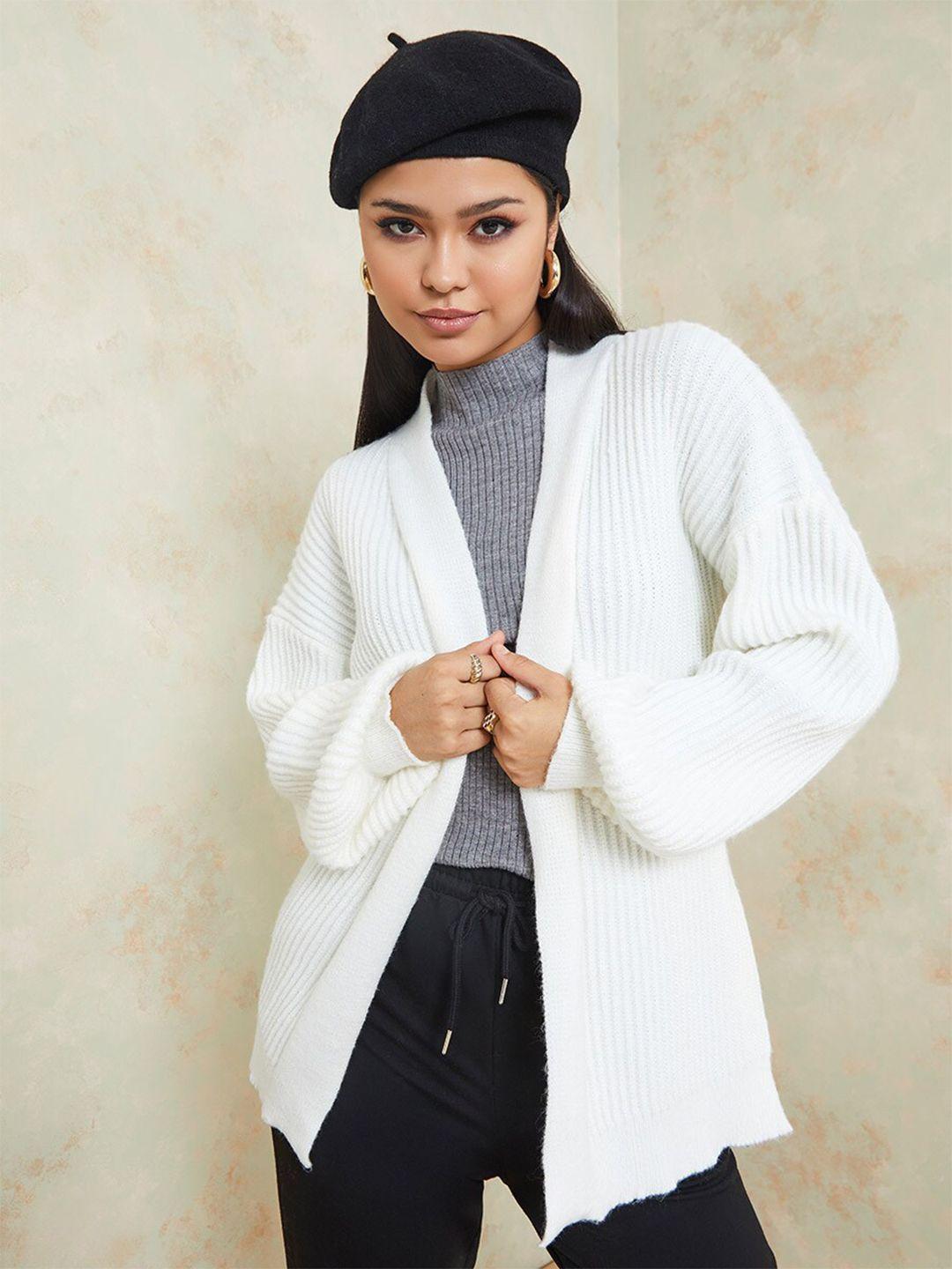 styli women cream-coloured regular fit longline chunky knit belted cardigan