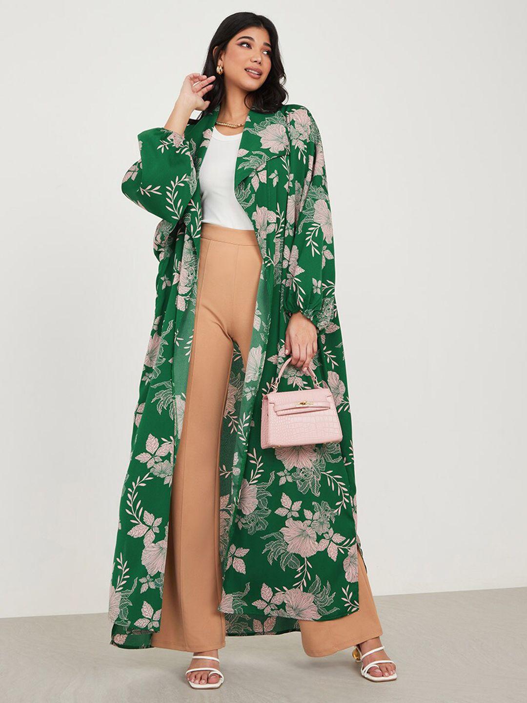 styli women green & white printed longline shrug