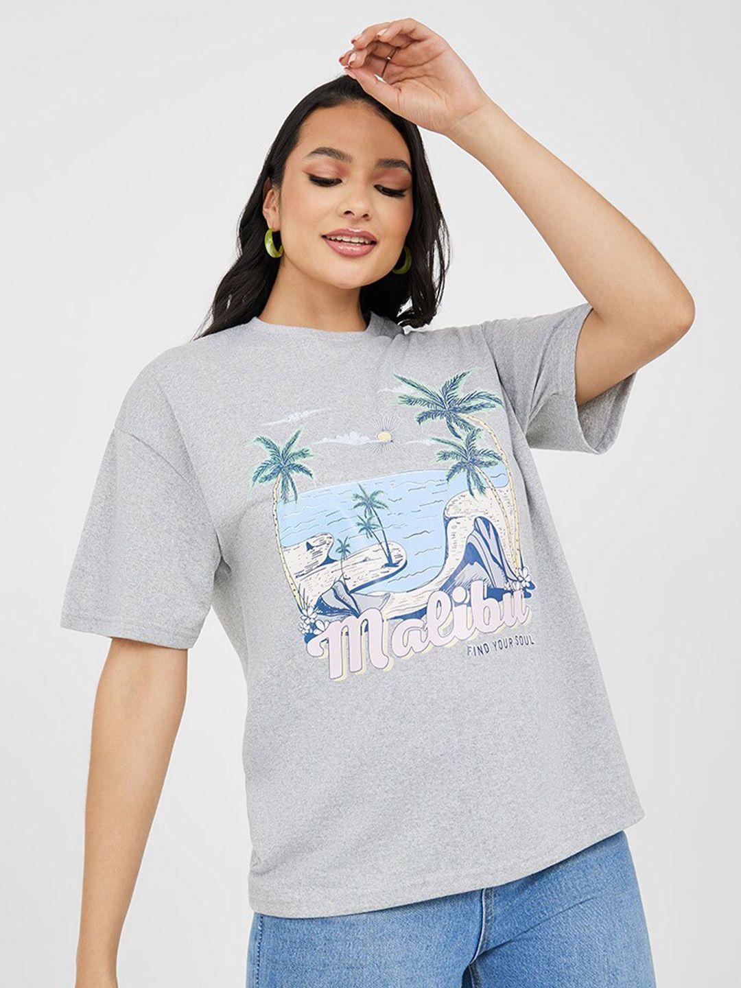 styli women grey floral printed tropical applique t-shirt