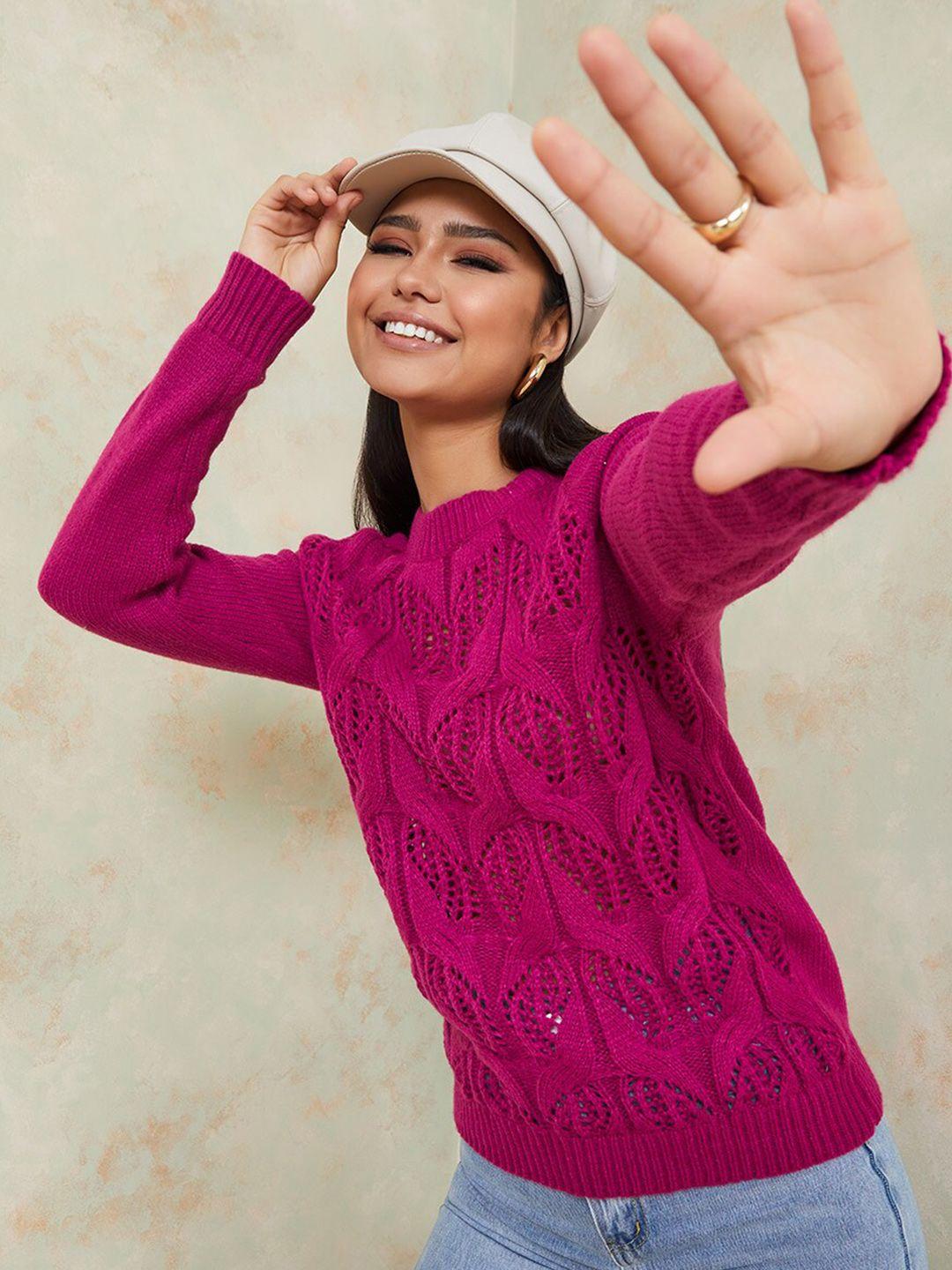 styli women magenta self design pullover sweater