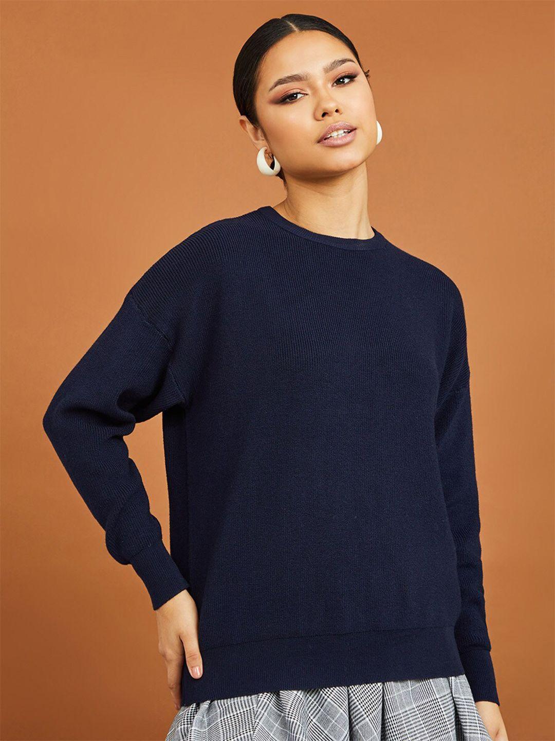 styli-women-navy-blue-round-neck-ribbed-pullover