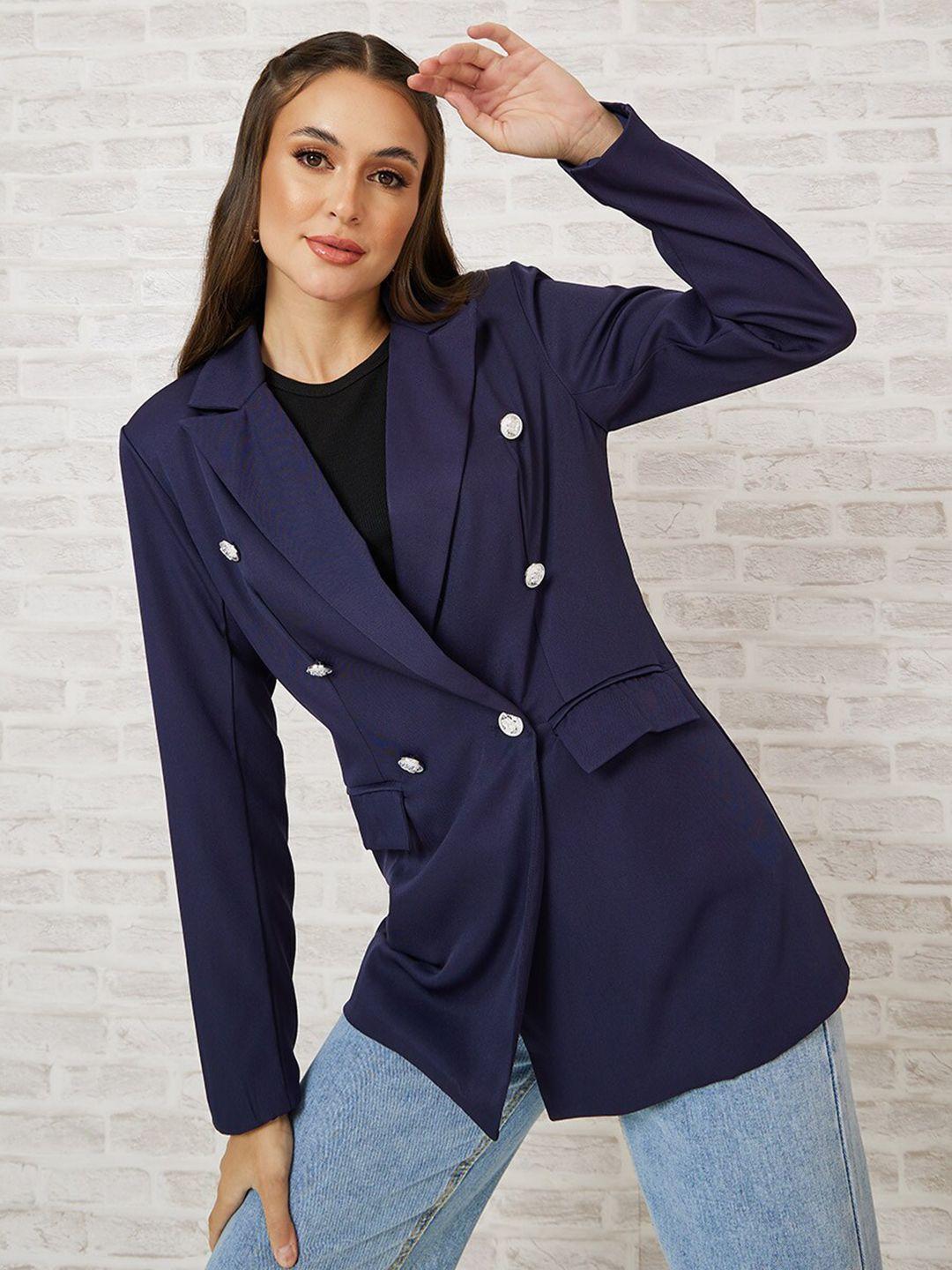 styli women navy blue solid double breasted blazer