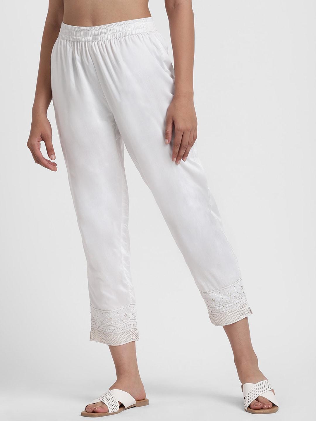 styli women off white straight fit sequinned cropped ethnic trousers