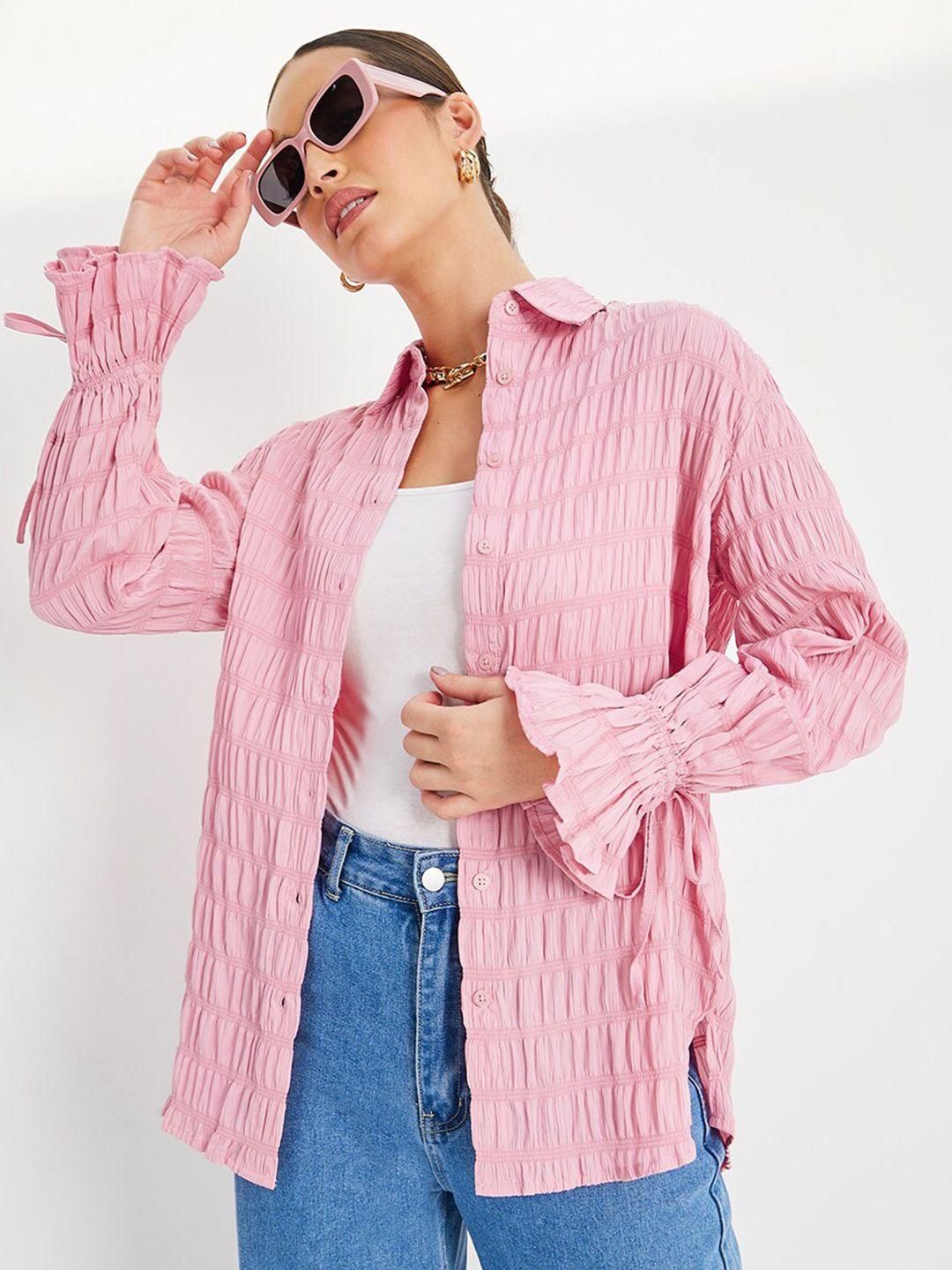 styli women pink opaque striped casual shirt