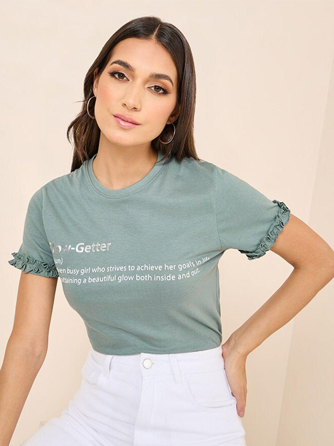 styli women sea green typography printed pure cotton t-shirt