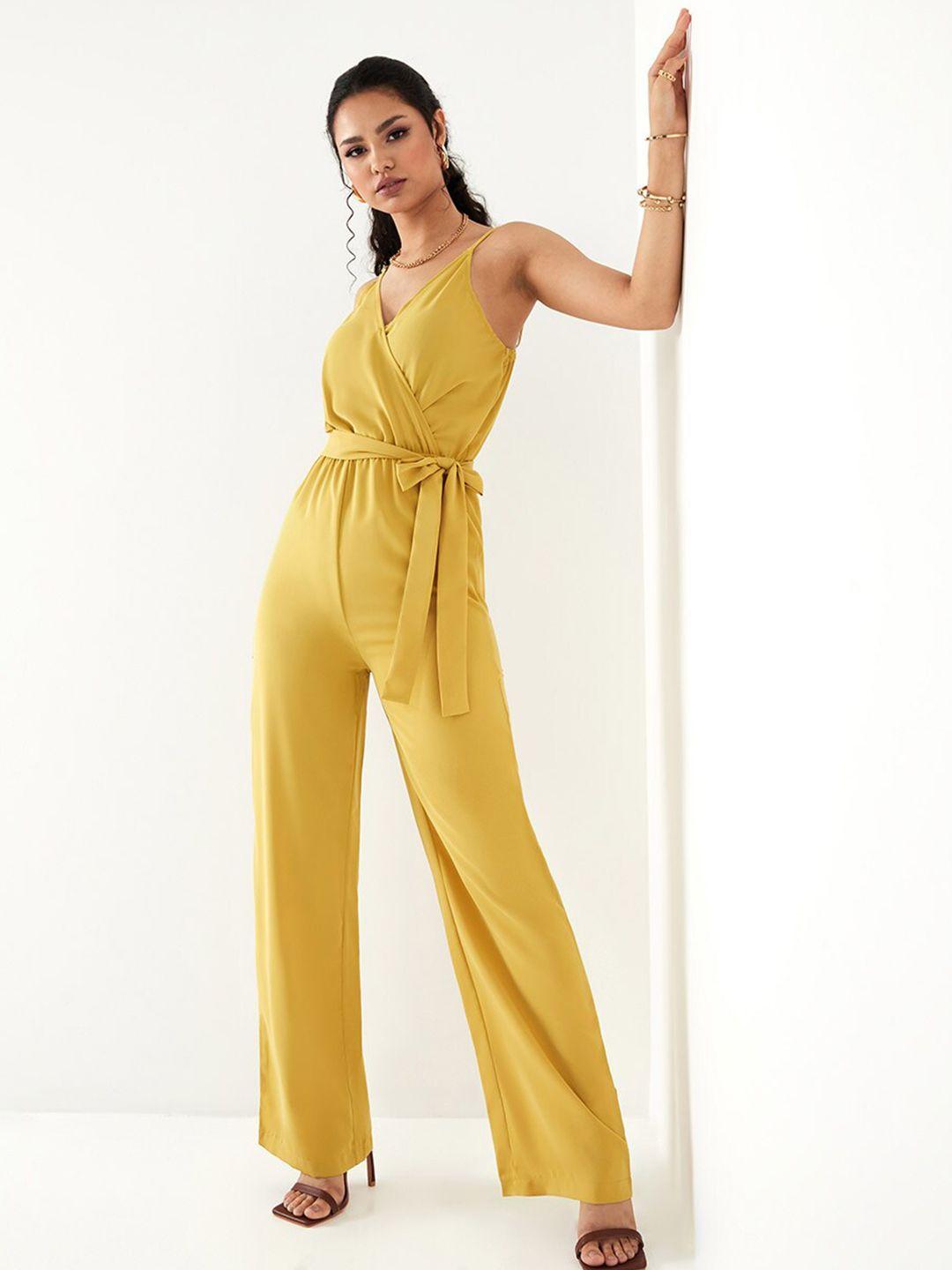 styli yellow wrap front wide leg jumpsuit with tie belt