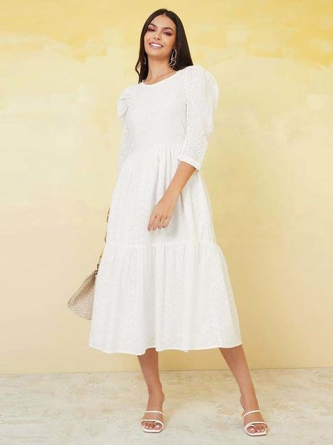 styli 3/4 sleeve schiffli tiered midi dress