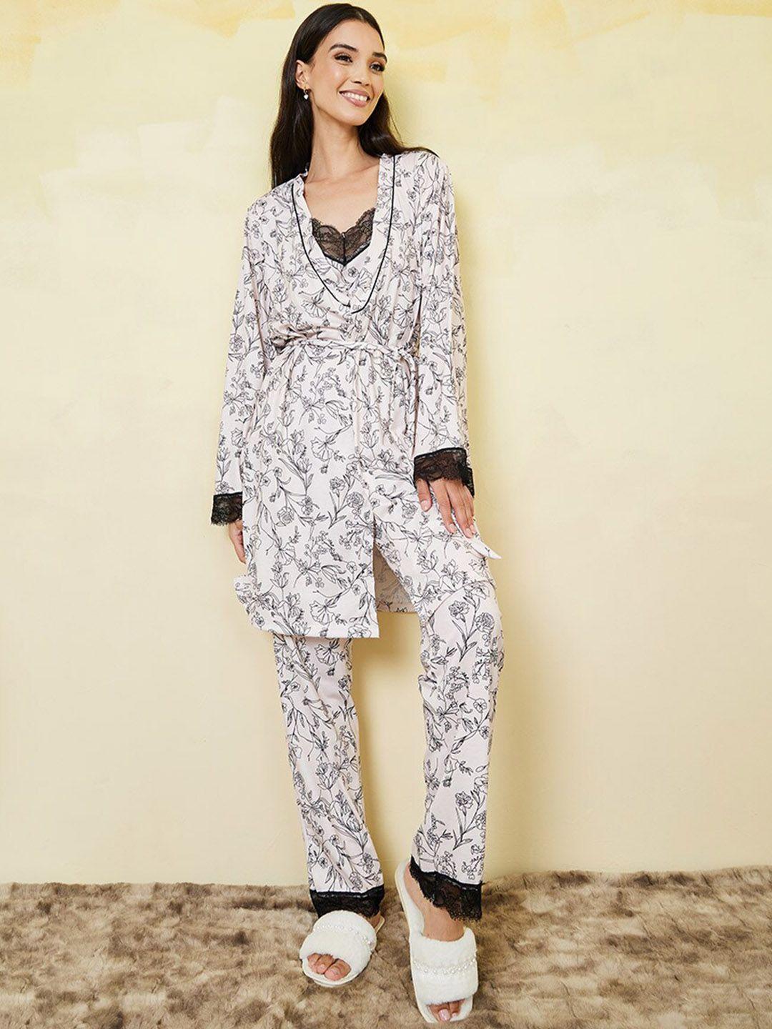 styli 3 piece floral printed night suit with robe