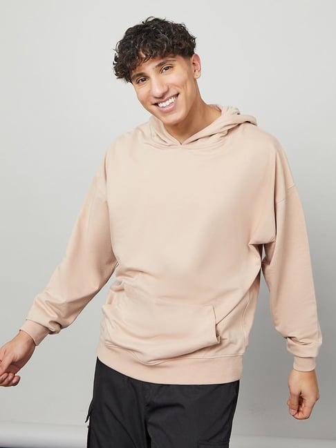 styli beige oversized solid regular length hoodie