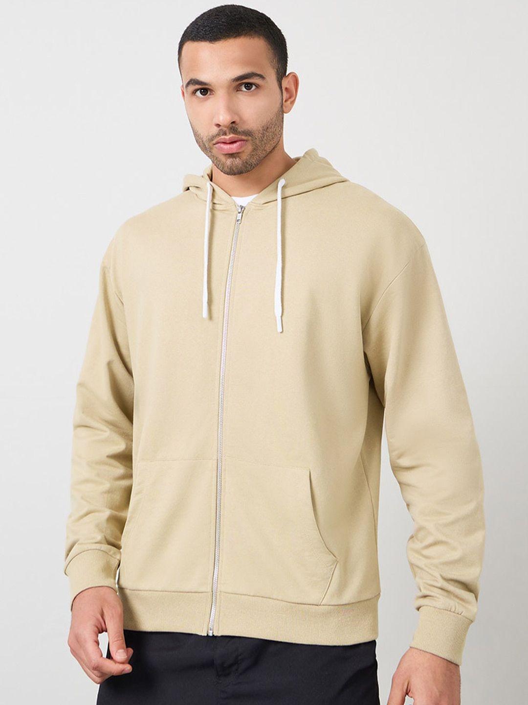 styli beige relaxed fit contrast drawcord hooded front-open sweatshirt