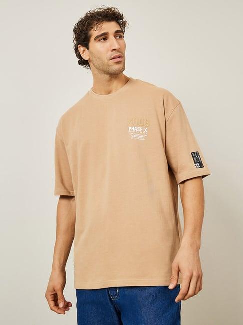 styli beige relaxed fit printed cotton oversized crew t-shirt