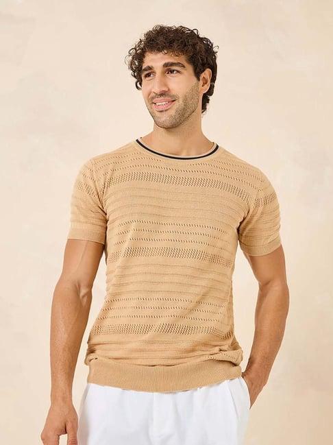 styli beige slim fit self design cotton crew t-shirt