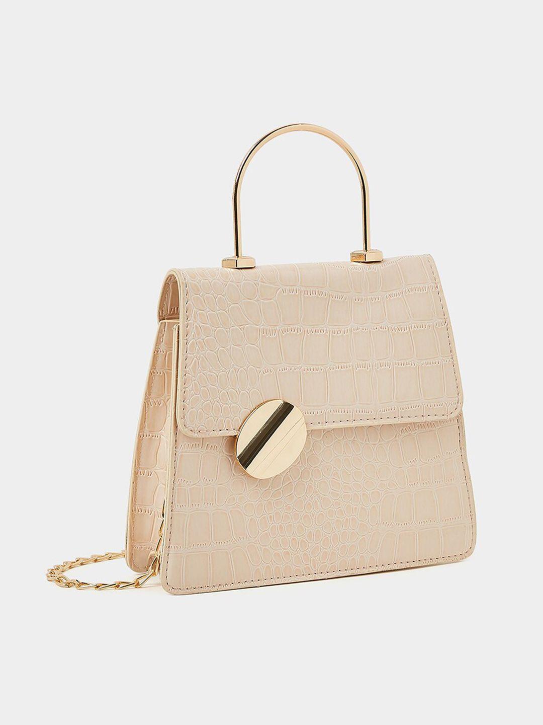 styli beige textured pu structured satchel with quilted