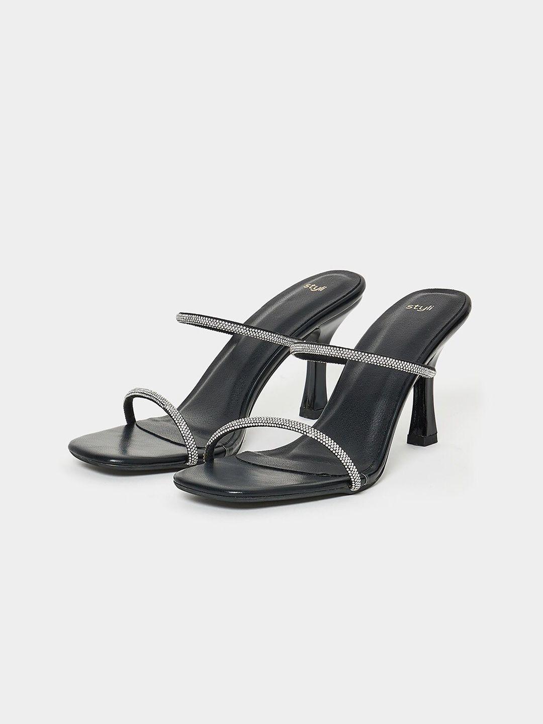 styli black & silver-toned embellished open toe slim heels