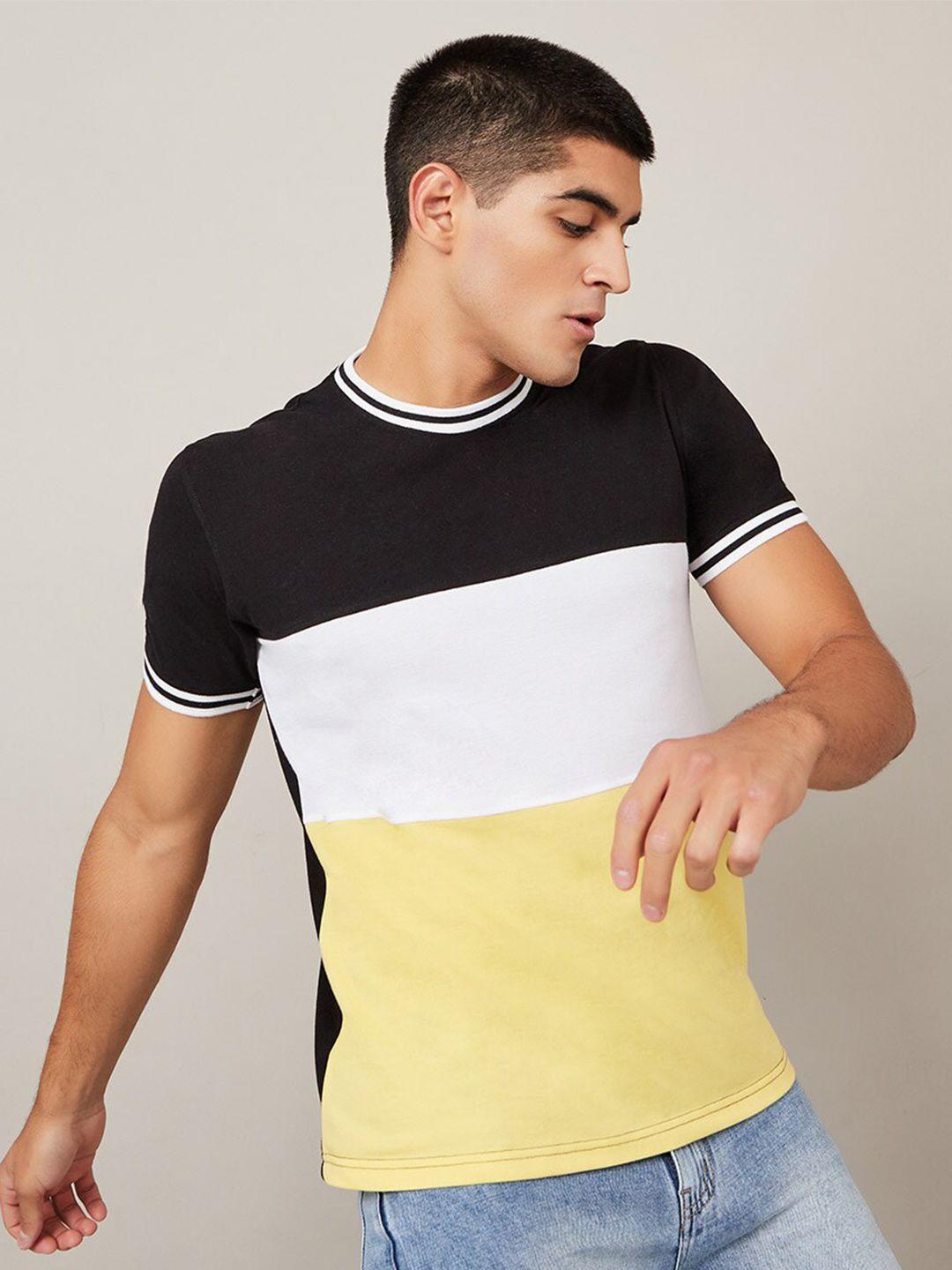 styli black & yellow colourblocked round neck cotton t-shirt