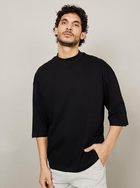 styli black cotton boxy fit printed t-shirt