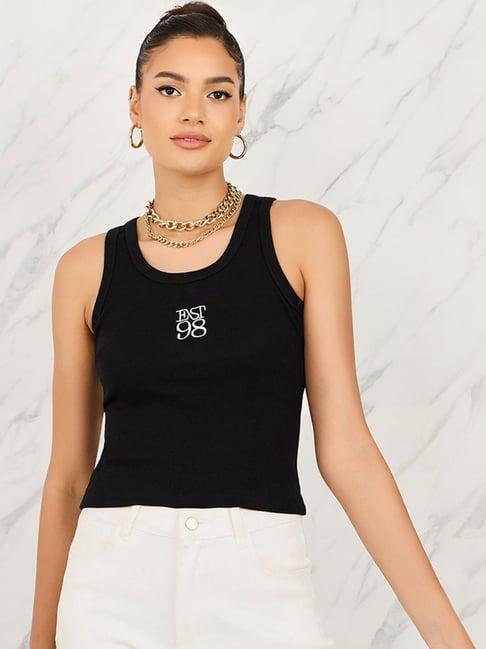 styli black cotton embroidered tank top