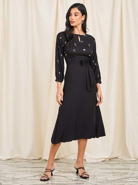 styli black embroidered a-line dress