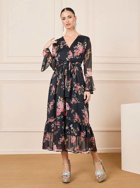 styli black floral print a-line dress
