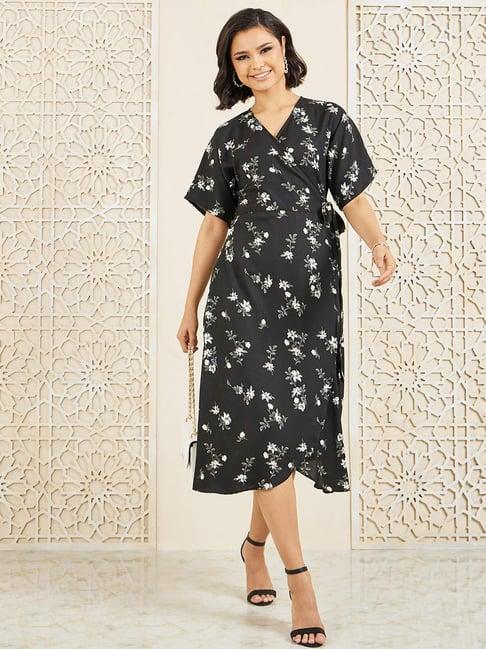 styli black floral print a-line dress