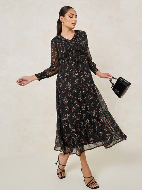 styli black floral print midi dress