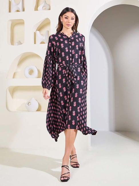 styli black floral print shirt dress