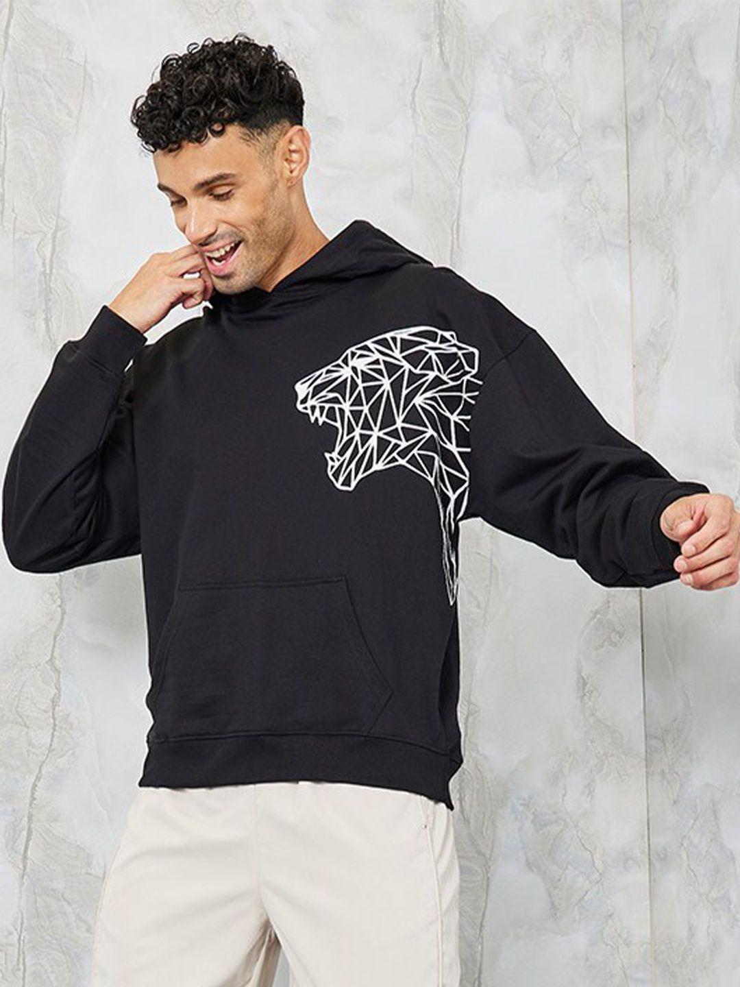 styli black graphic placement printed hooded oversized pure cotton pullover sweatshirt