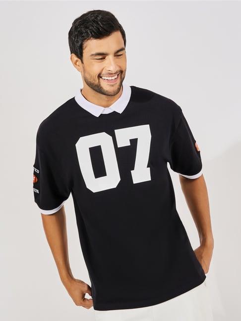 styli black oversized printed polo t-shirt