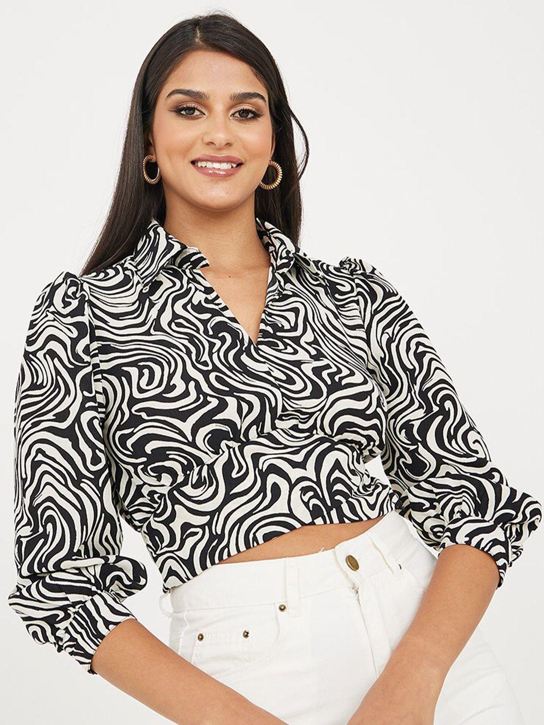 styli black print shirt style crop top