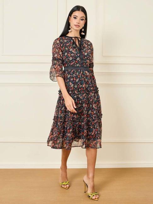 styli black printed a-line dress