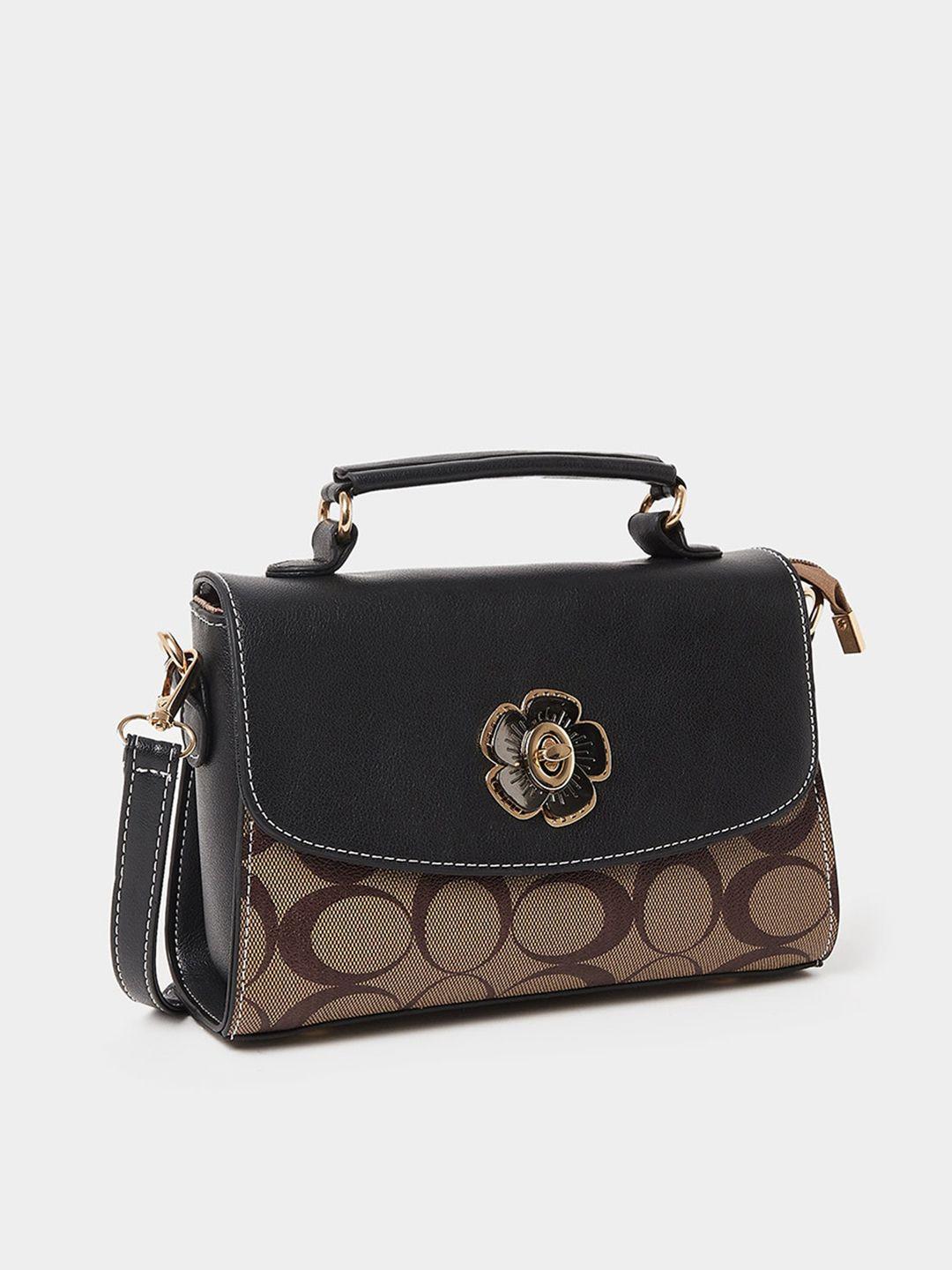 styli black printed pu structured satchel with applique