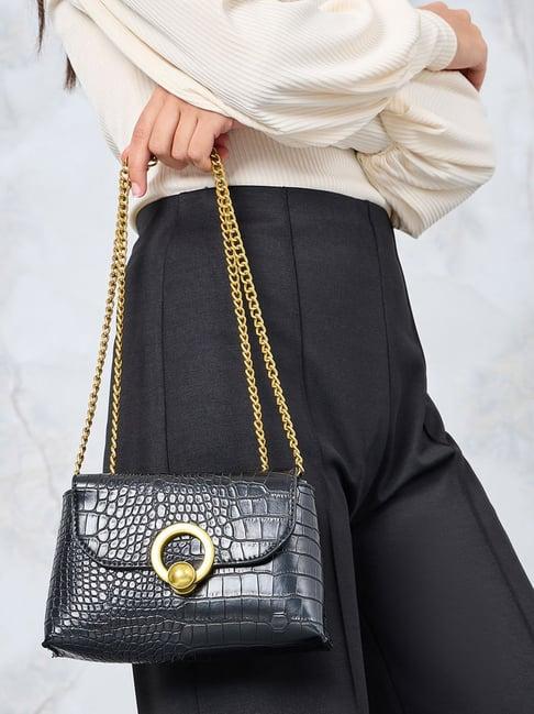 styli black pu textured sling handbag