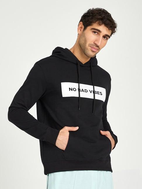 styli black relaxed fit printed hooded sweatshirt