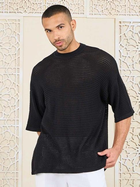 styli black relaxed fit self design oversized cotton t-shirt