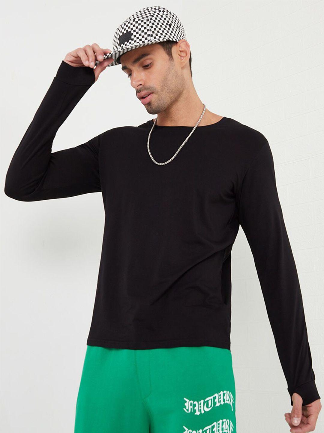 styli black round neck cotton casual t-shirt