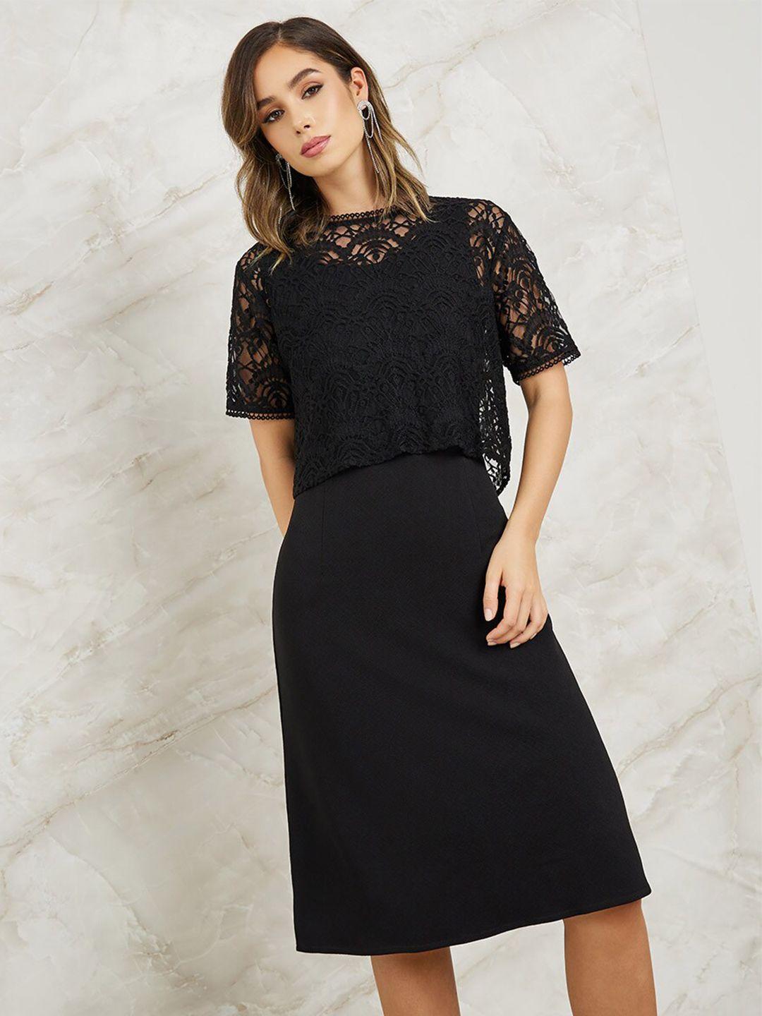 styli black self design lace sheath dress
