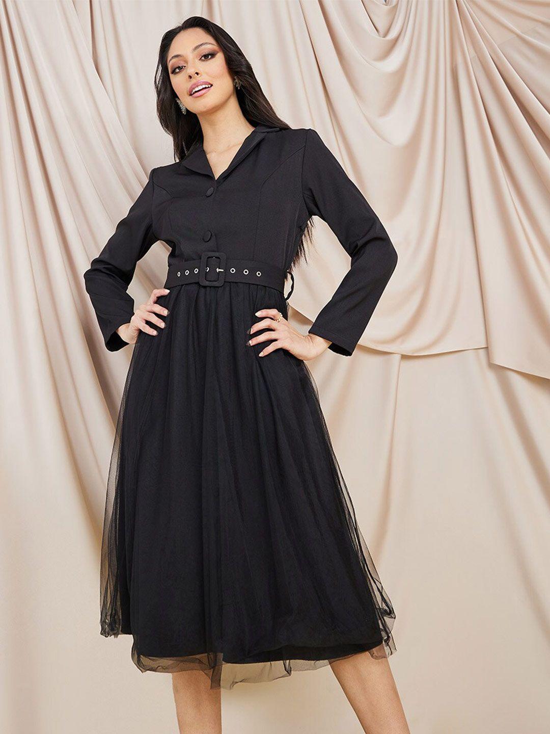 styli black shirt collar belted fit & flare midi dress