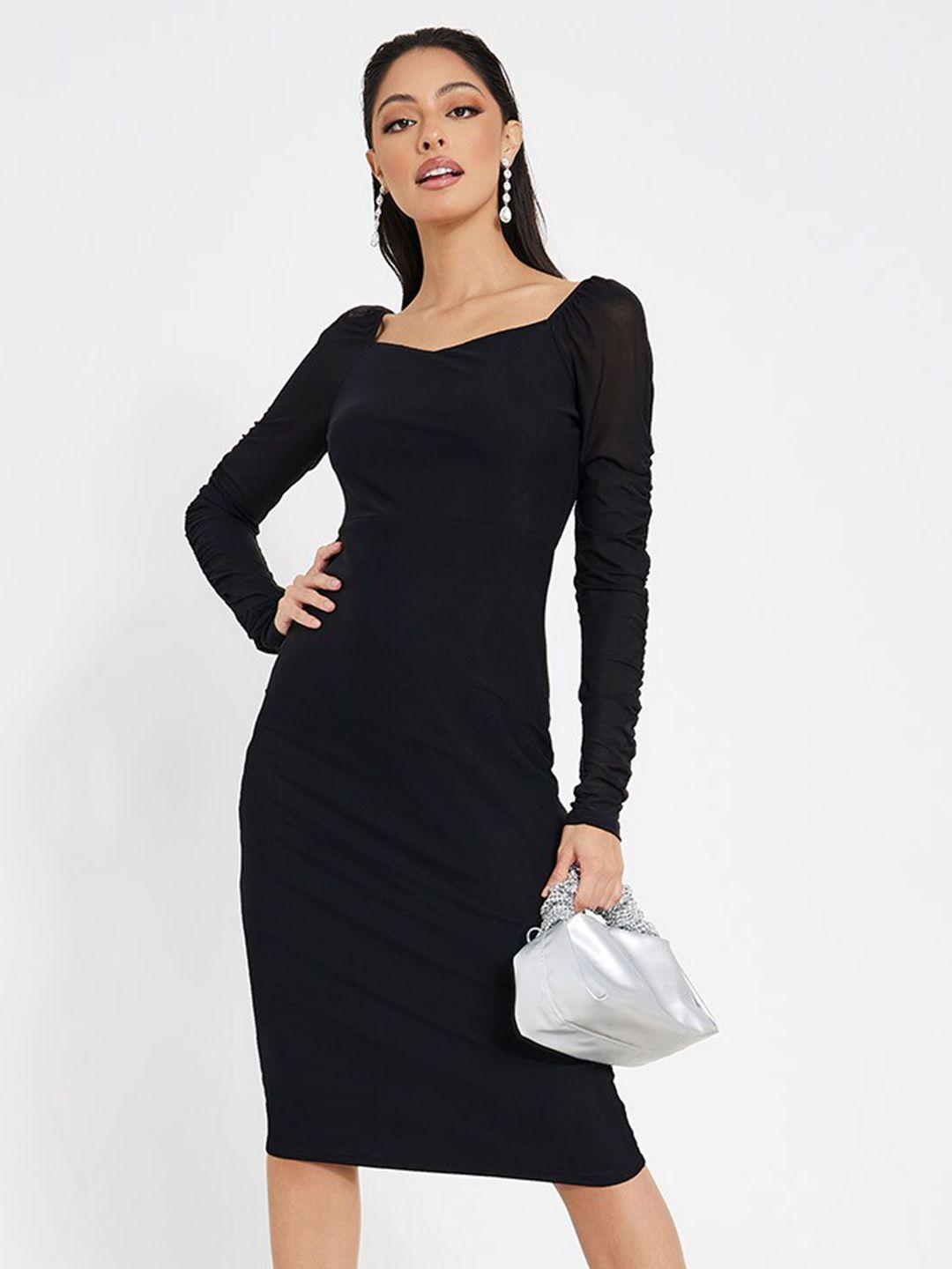 styli black sweetheart neck puff sleeves midi bodycon dress