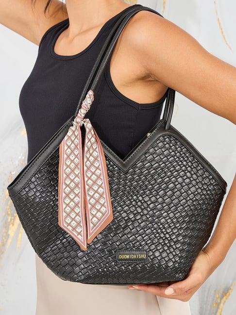 styli black textured totes handbag