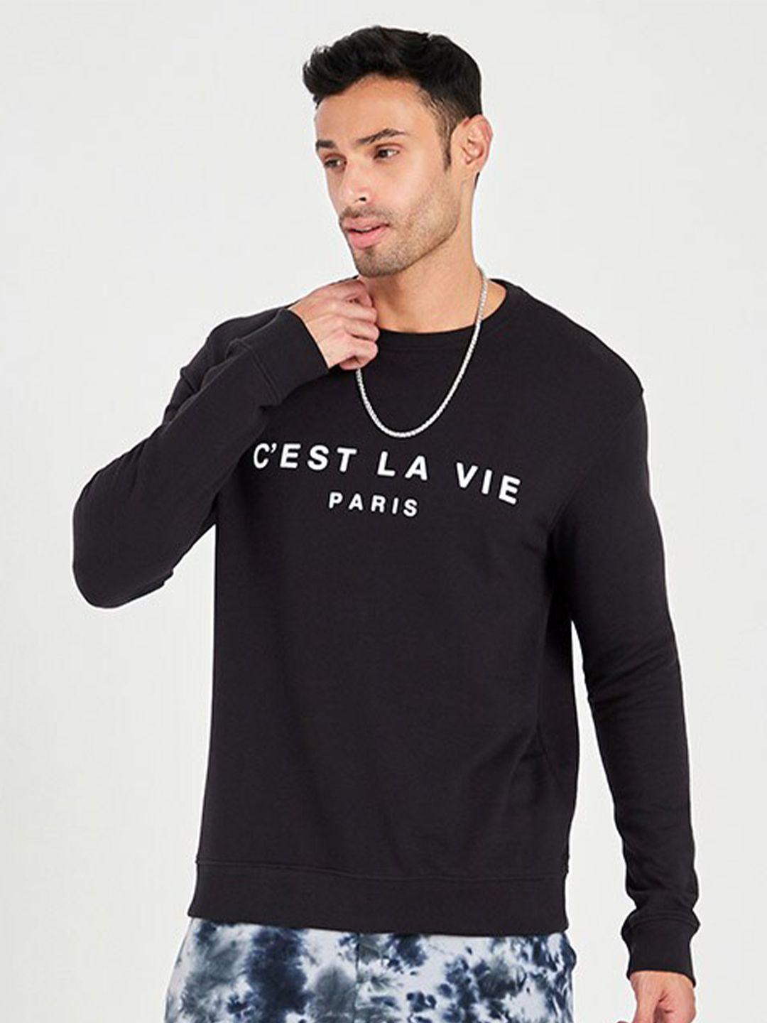 styli black typography printed round neck cotton pullover sweatshirt