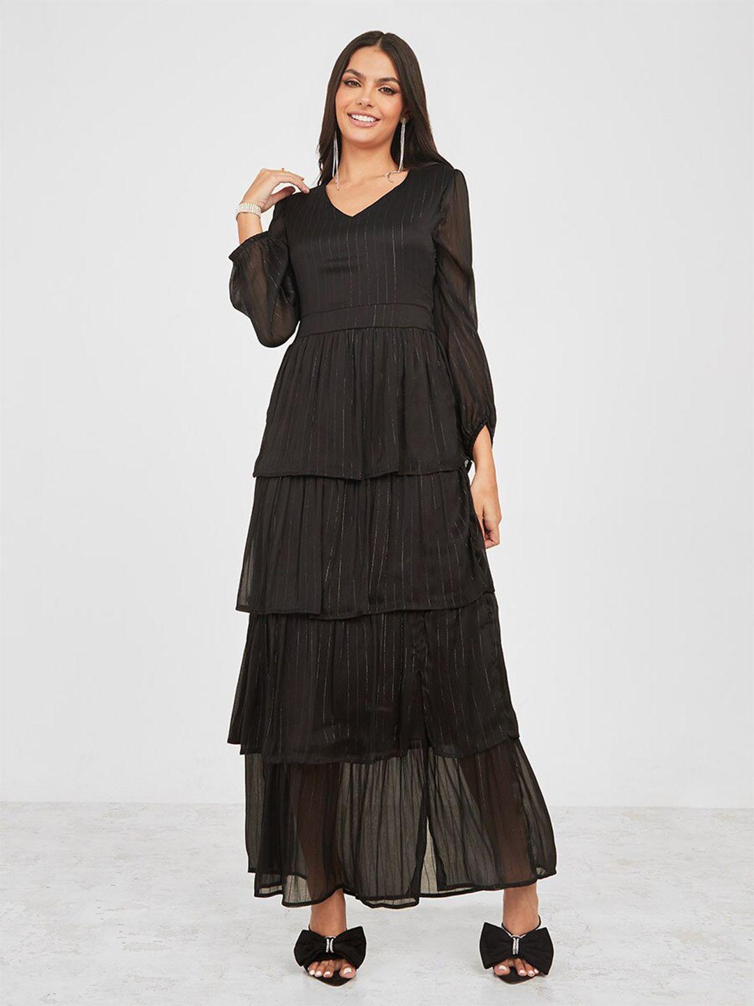 styli black v-neck puff sleeves layered maxi dress