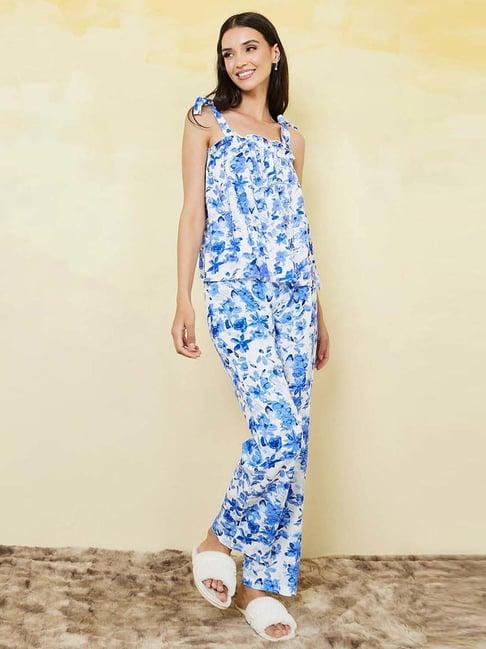 styli blue & white printed top pyjama set