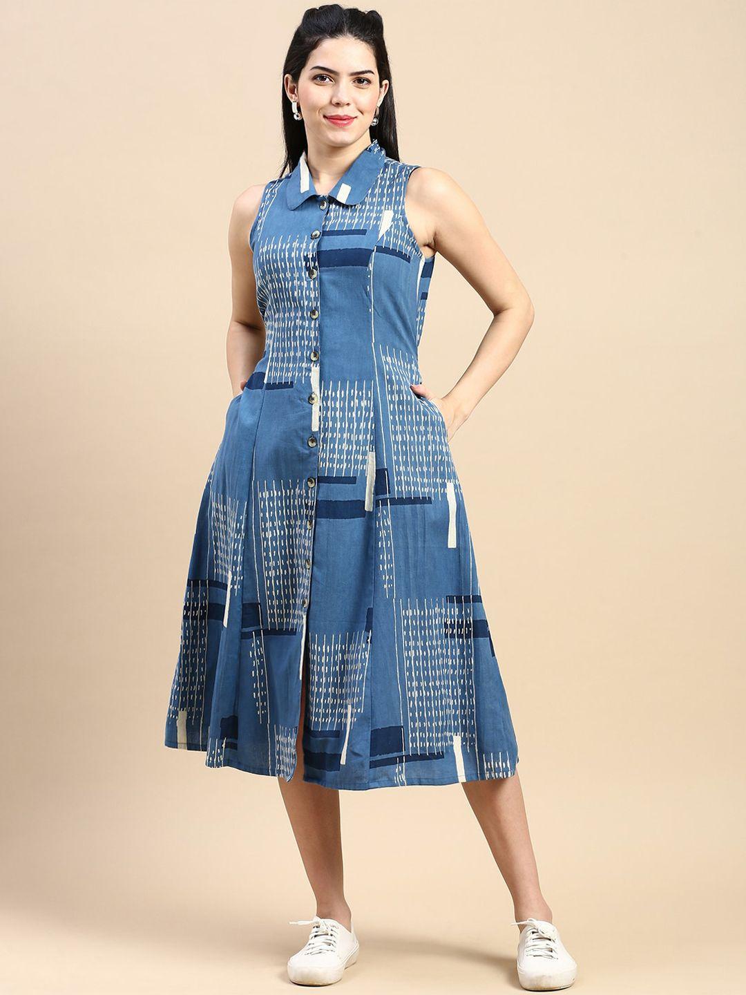 styli blue abstract printed sleeveless peter pan collar shirt midi dress