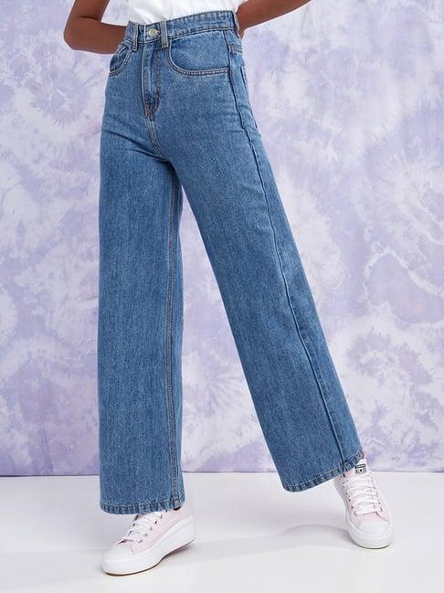 styli blue cotton flared fit high rise jeans