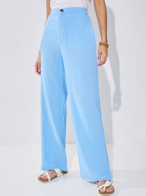 styli blue cotton high rise wide leg trousers