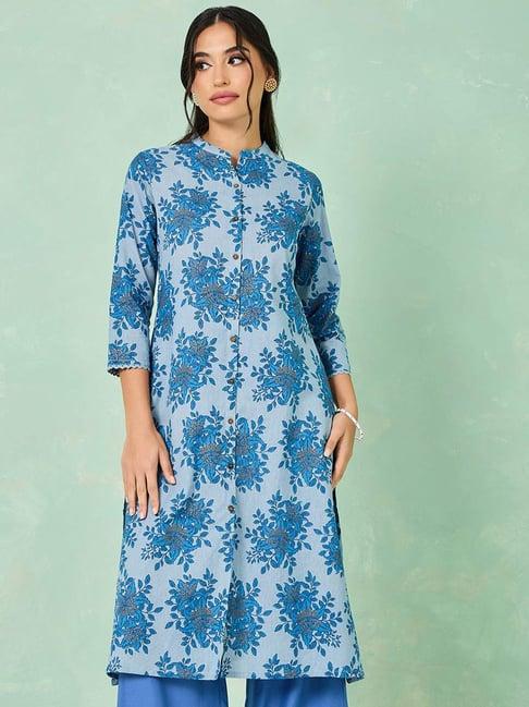 styli blue cotton printed a line kurta