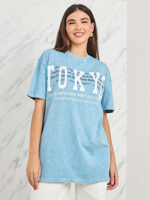 styli blue cotton printed t-shirt