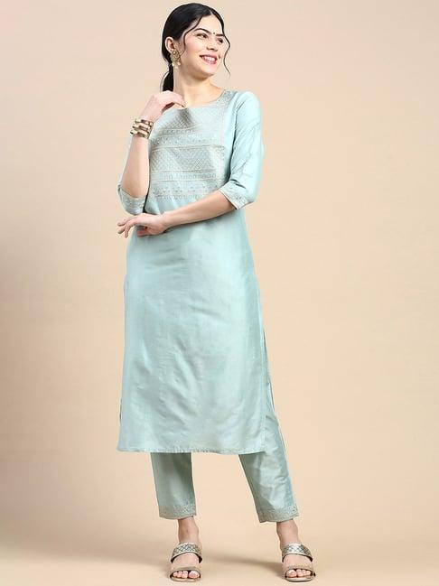 styli blue embroidered kurta pant set