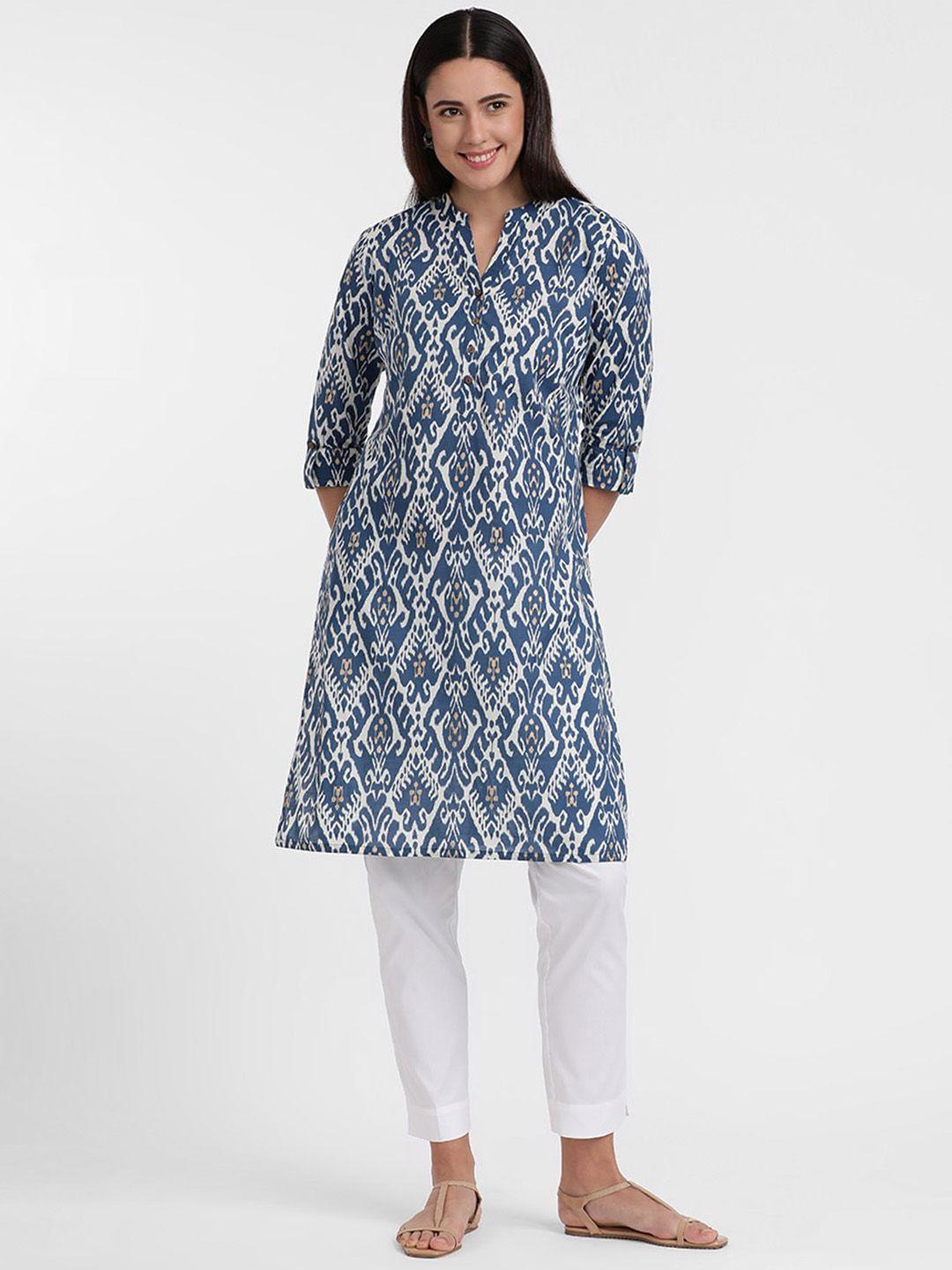 styli blue ethnic motifs ikat printed mandarin collar roll-up sleeves cotton kurta