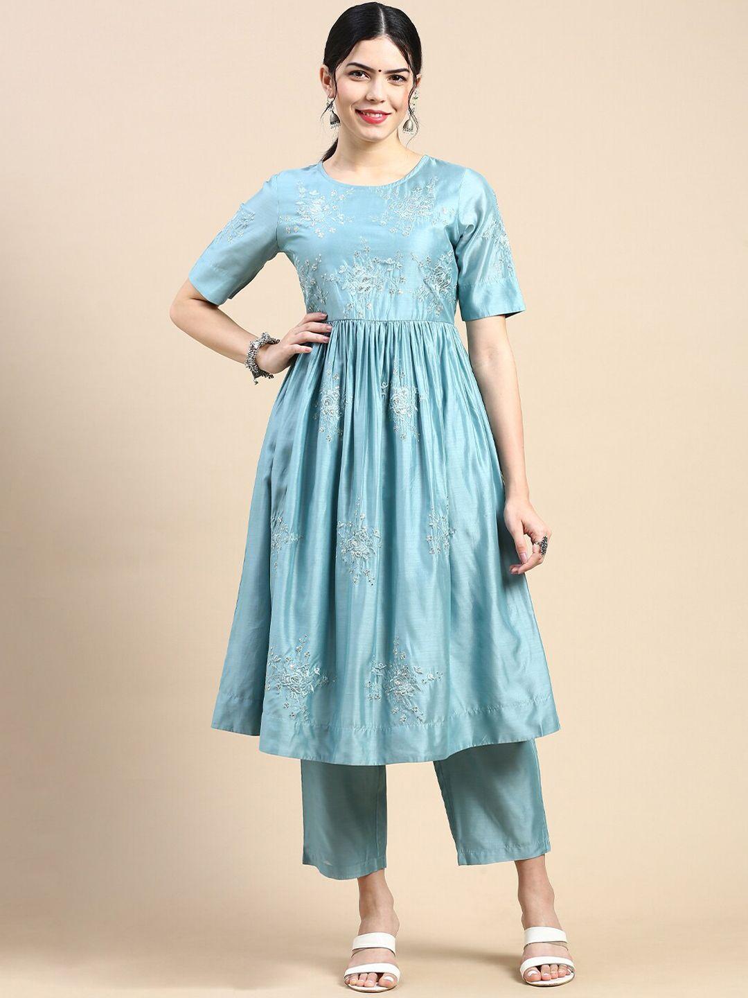 styli blue floral embroidered sequined anarkali kurta with trousers